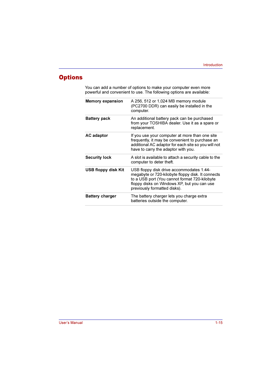 Options, Options -15 | Toshiba Qosmio F10 User Manual | Page 39 / 214