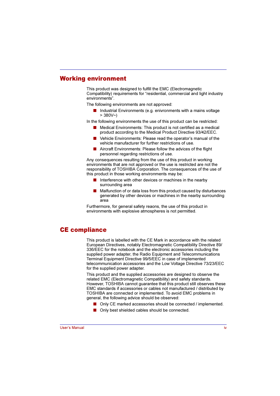 Working environment, Ce compliance | Toshiba Qosmio F10 User Manual | Page 4 / 214
