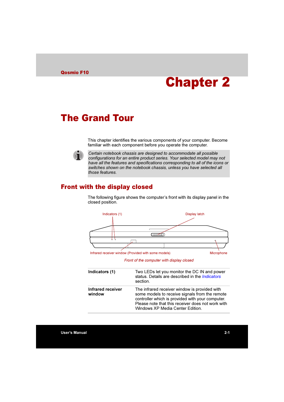 Chapter 2: the grand tour, Front with the display closed, Front with the display closed -1 | The grand tour, Chapter 2 | Toshiba Qosmio F10 User Manual | Page 40 / 214