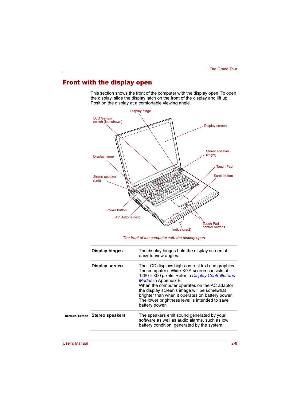 Front with the display open, Front with the display open -8 | Toshiba Qosmio F10 User Manual | Page 47 / 214