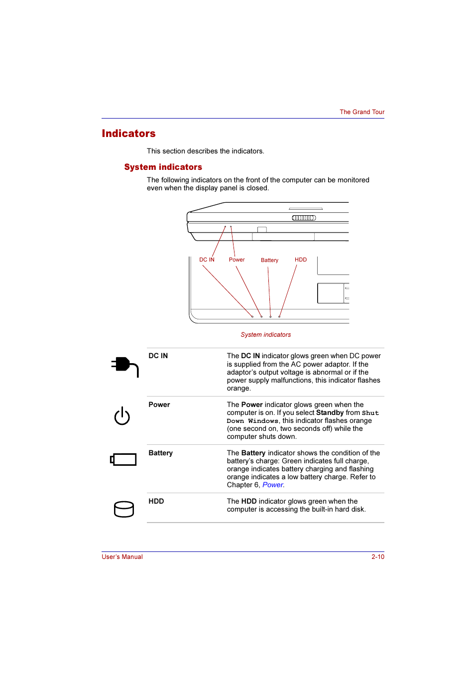 Indicators, System indicators, Indicators -10 | System indicators -10 | Toshiba Qosmio F10 User Manual | Page 49 / 214