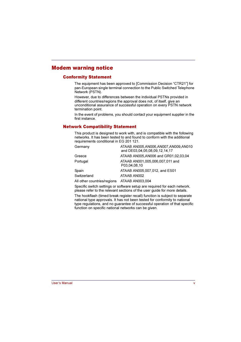 Modem warning notice | Toshiba Qosmio F10 User Manual | Page 5 / 214