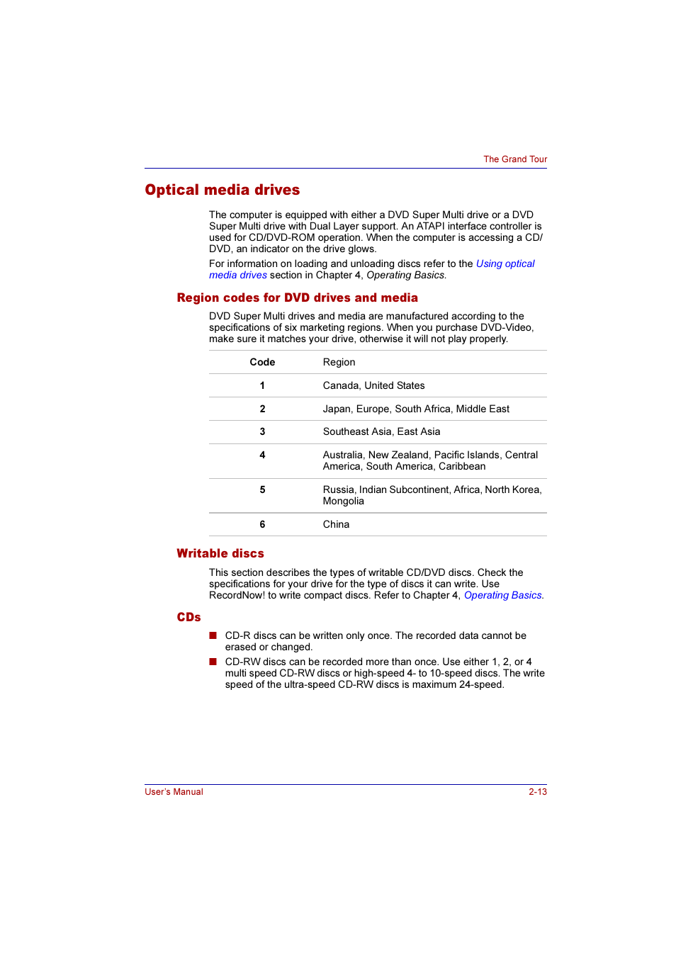 Optical media drives, Region codes for dvd drives and media, Writable discs | Optical media drives -13 | Toshiba Qosmio F10 User Manual | Page 52 / 214