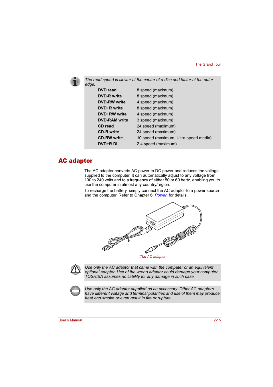 Ac adaptor, Ac adaptor -15 | Toshiba Qosmio F10 User Manual | Page 54 / 214