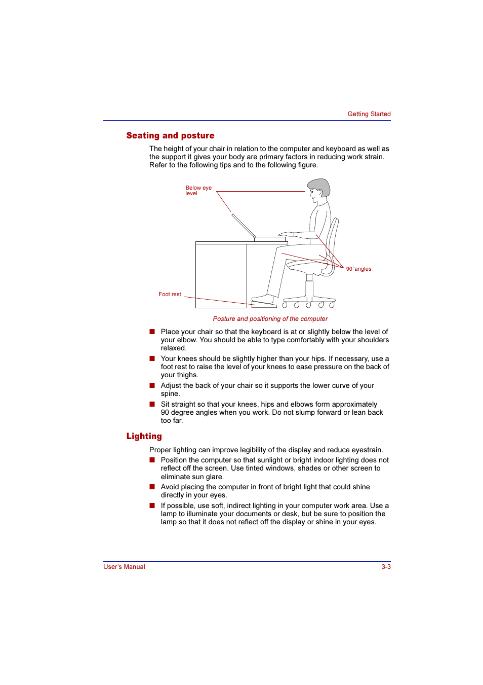 Seating and posture, Lighting, Seating and posture -3 lighting -3 | Toshiba Qosmio F10 User Manual | Page 57 / 214