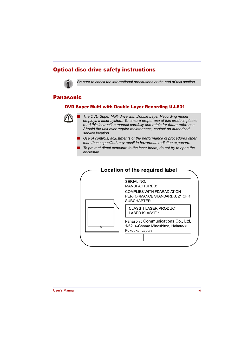 Optical disc drive safety instructions panasonic | Toshiba Qosmio F10 User Manual | Page 6 / 214