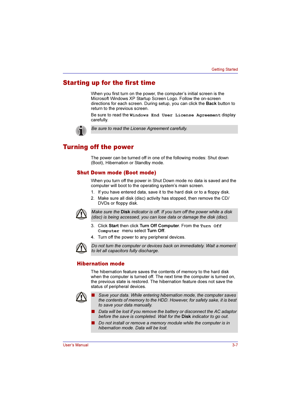 Starting up for the first time, Turning off the power, Shut down mode (boot mode) | Hibernation mode, Shut down mode (boot mode) -7 hibernation mode -7 | Toshiba Qosmio F10 User Manual | Page 61 / 214