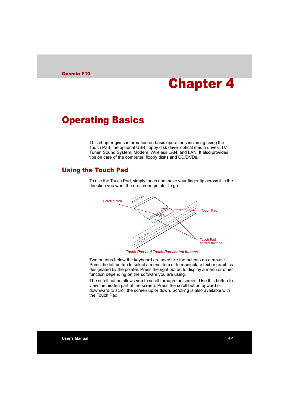 Chapter 4: operating basics, Using the touch pad, Using the touch pad -1 | Operating basics, Using, The touch pad, Chapter 4 | Toshiba Qosmio F10 User Manual | Page 66 / 214