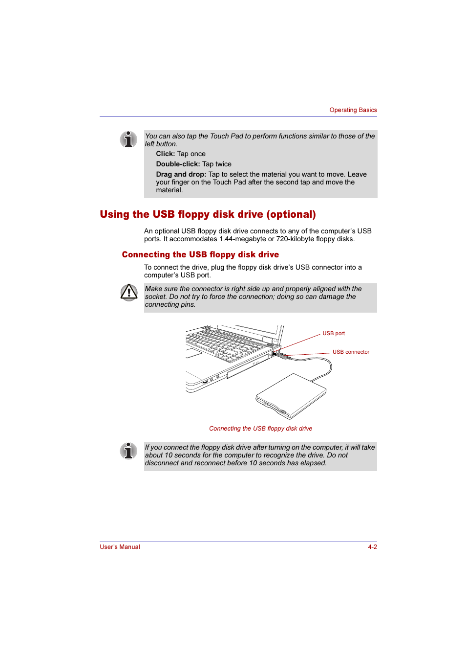 Using the usb floppy disk drive (optional), Connecting the usb floppy disk drive, Using the usb floppy disk drive (optional) -2 | Connecting the usb floppy disk drive -2 | Toshiba Qosmio F10 User Manual | Page 67 / 214