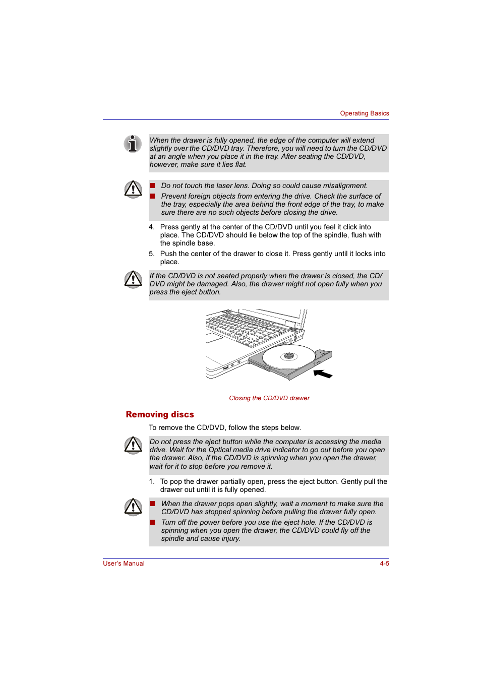 Removing discs, Removing discs -5 | Toshiba Qosmio F10 User Manual | Page 70 / 214