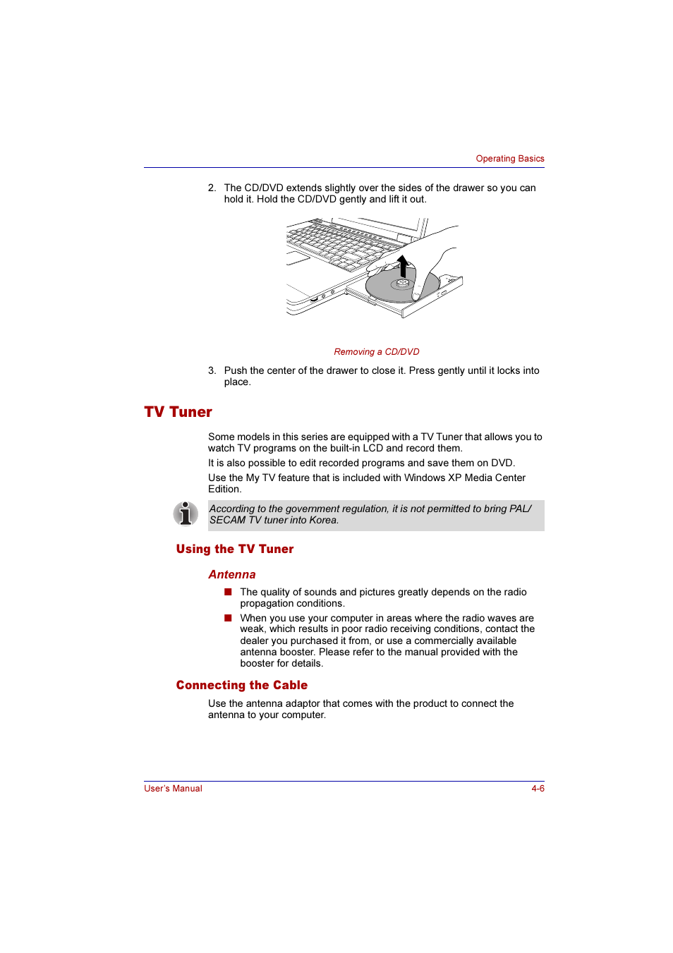 Tv tuner, Using the tv tuner, Connecting the cable | Tv tuner -6, Using the tv tuner -6 connecting the cable -6 | Toshiba Qosmio F10 User Manual | Page 71 / 214