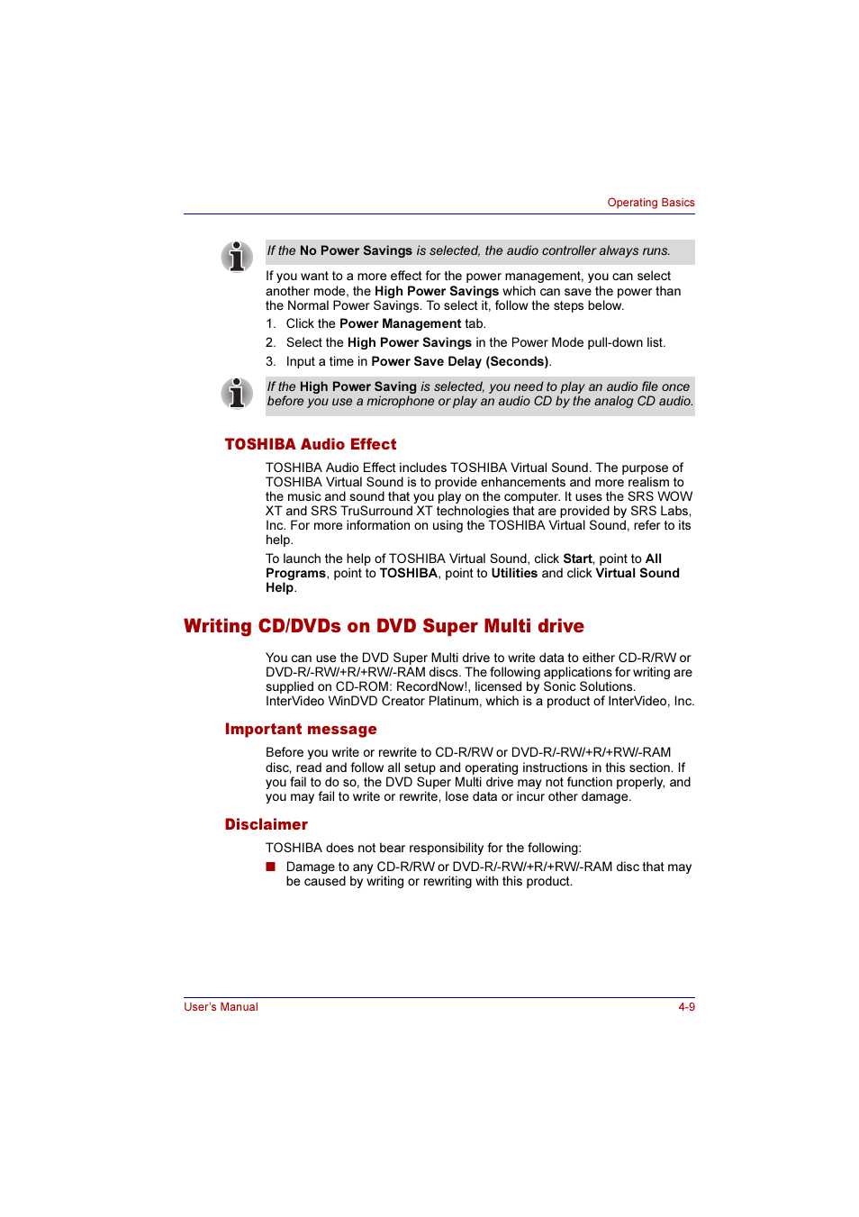 Toshiba audio effect, Writing cd/dvds on dvd super multi drive, Important message | Disclaimer, Toshiba audio effect -9, Writing cd/dvds on dvd super multi drive -9, Important message -9 disclaimer -9 | Toshiba Qosmio F10 User Manual | Page 74 / 214