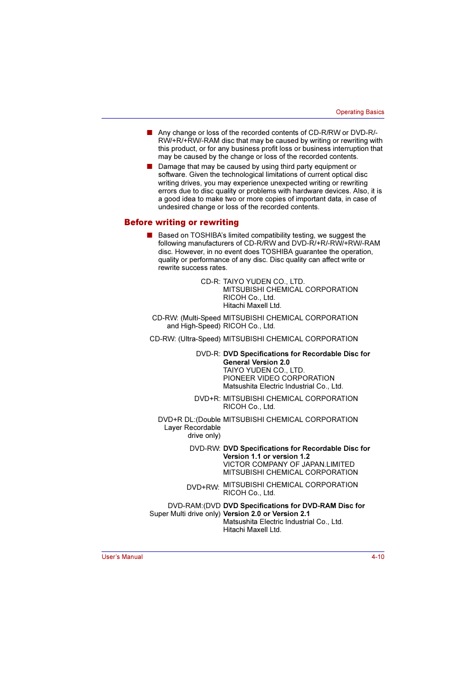 Before writing or rewriting, Before writing or rewriting -10 | Toshiba Qosmio F10 User Manual | Page 75 / 214
