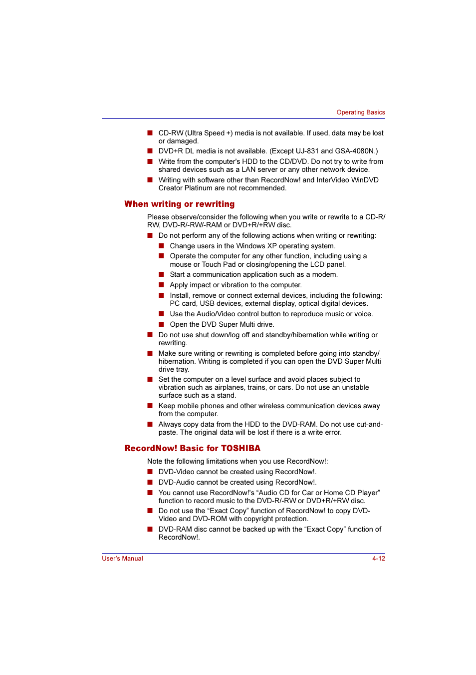 When writing or rewriting, Recordnow! basic for toshiba | Toshiba Qosmio F10 User Manual | Page 77 / 214