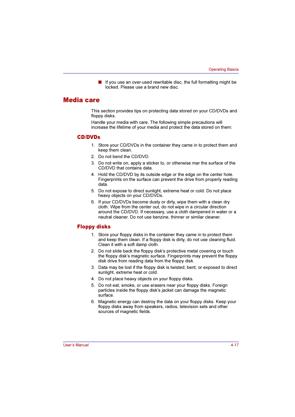 Media care, Cd/dvds, Floppy disks | Media care -17, Cd/dvds -17 floppy disks -17 | Toshiba Qosmio F10 User Manual | Page 82 / 214