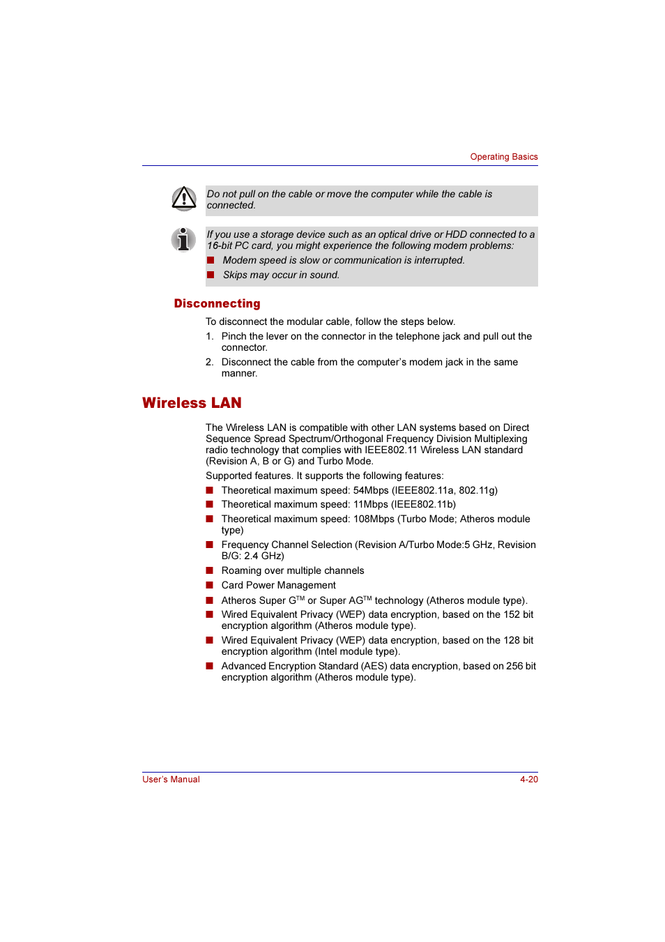 Disconnecting, Wireless lan, Disconnecting -20 | Wireless lan -20 | Toshiba Qosmio F10 User Manual | Page 85 / 214