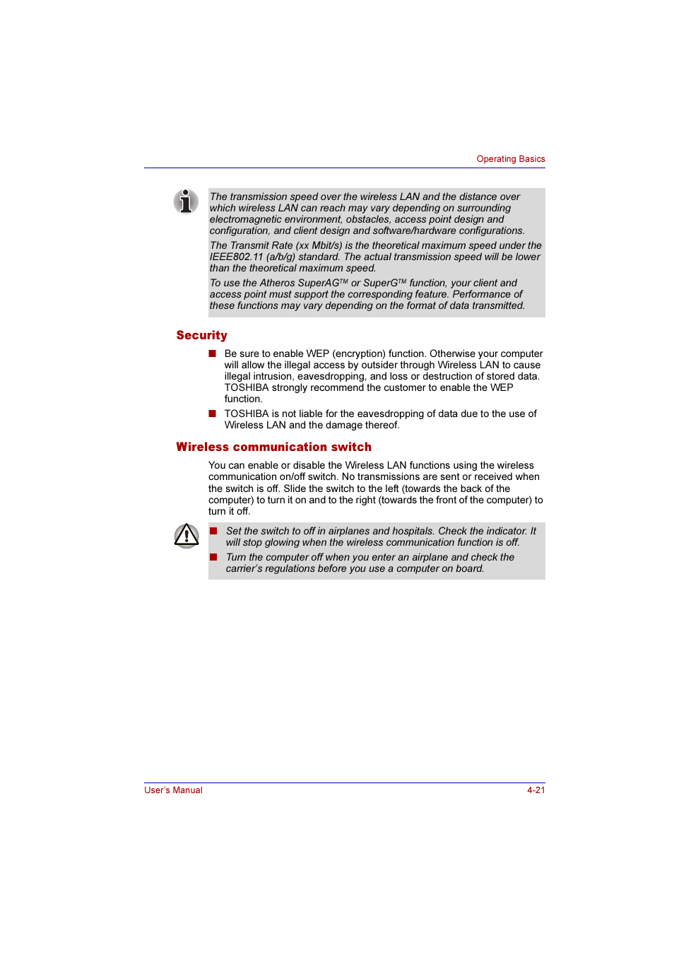 Security, Wireless communication switch, Security -21 wireless communication switch -21 | Toshiba Qosmio F10 User Manual | Page 86 / 214