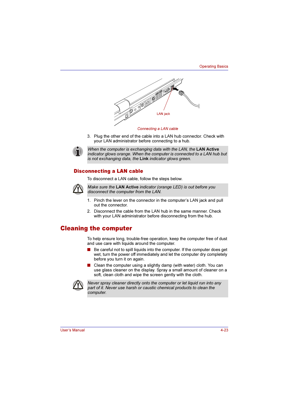 Disconnecting a lan cable, Cleaning the computer, Disconnecting a lan cable -23 | Cleaning the computer -23 | Toshiba Qosmio F10 User Manual | Page 88 / 214