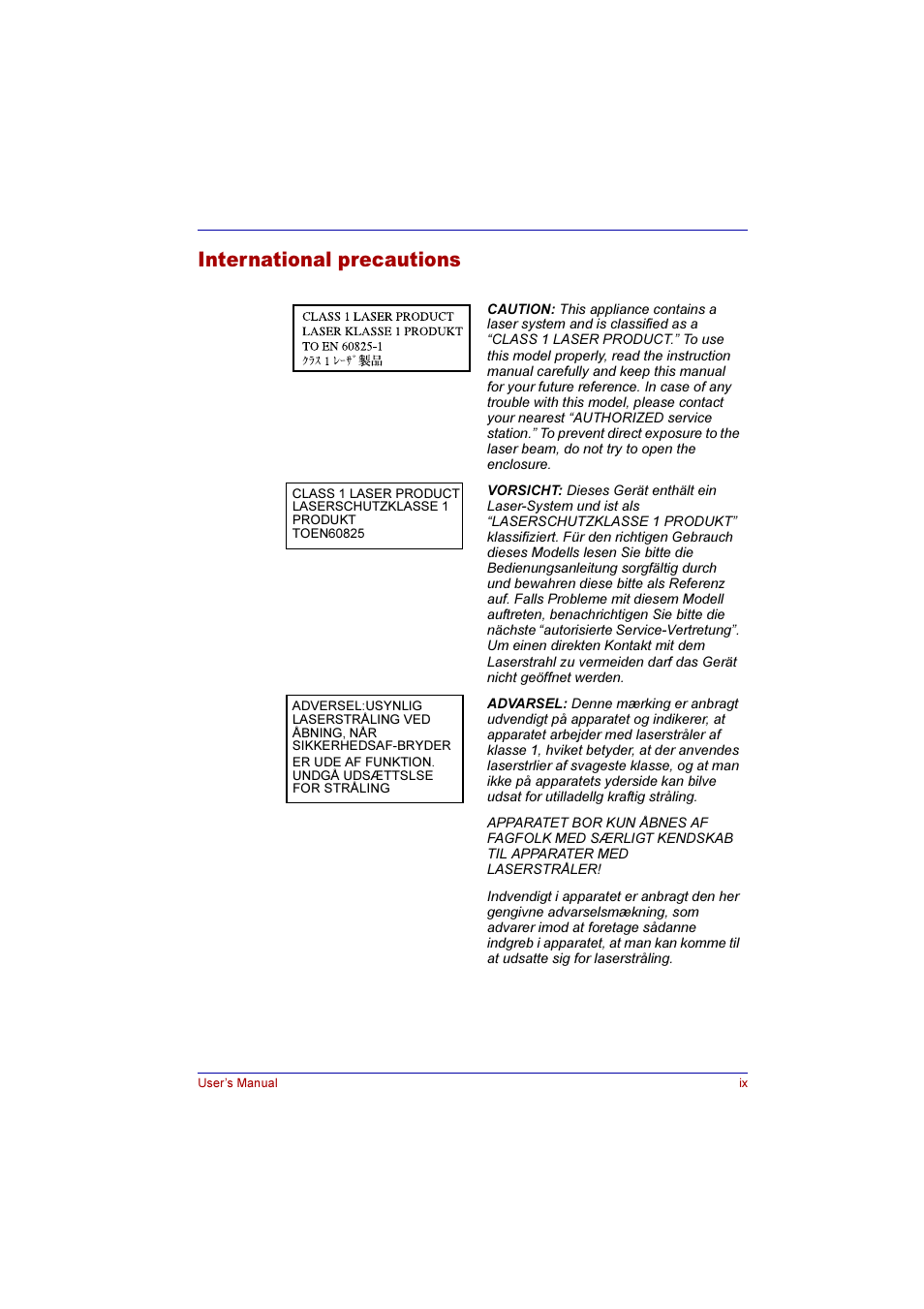 International precautions | Toshiba Qosmio F10 User Manual | Page 9 / 214