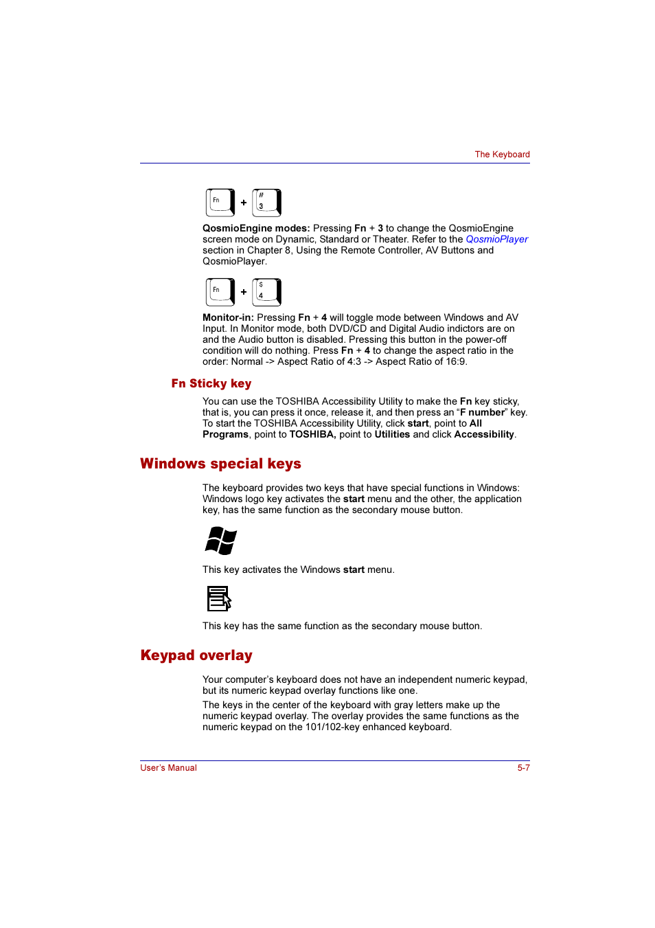 Fn sticky key, Windows special keys, Keypad overlay | Fn sticky key -7, Windows special keys -7 keypad overlay -7, Keypad, Overlay | Toshiba Qosmio F10 User Manual | Page 96 / 214