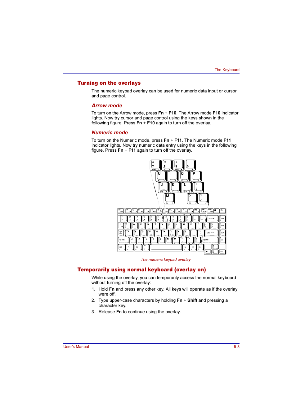 Turning on the overlays, Temporarily using normal keyboard (overlay on) | Toshiba Qosmio F10 User Manual | Page 97 / 214