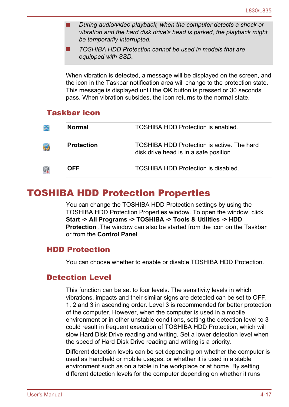 Taskbar icon, Toshiba hdd protection properties, Hdd protection | Detection level, Toshiba hdd protection properties -17 | Toshiba Satellite L830 User Manual | Page 100 / 156