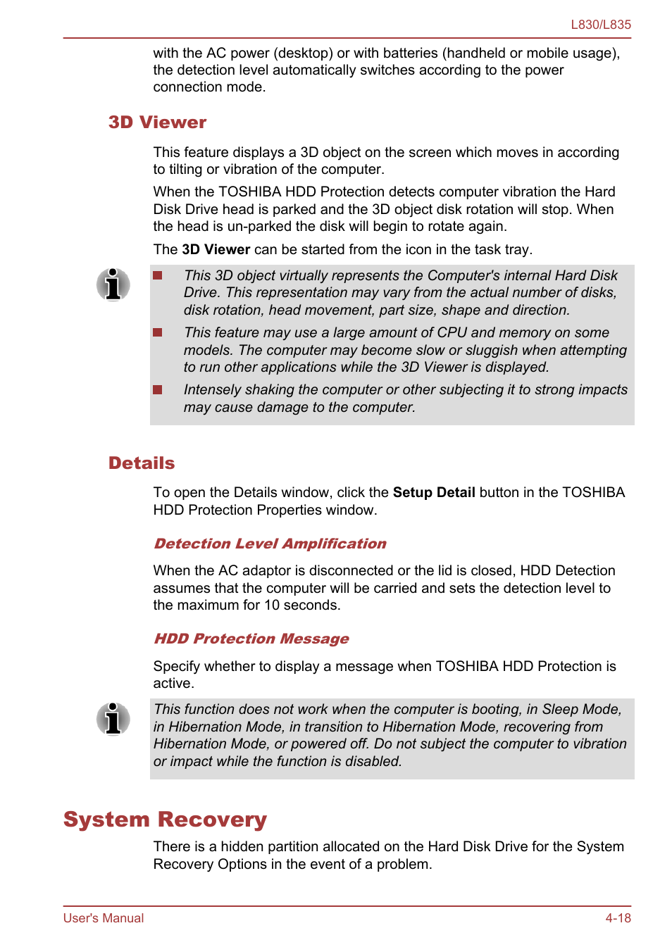 3d viewer, Details, System recovery | System recovery -18 | Toshiba Satellite L830 User Manual | Page 101 / 156