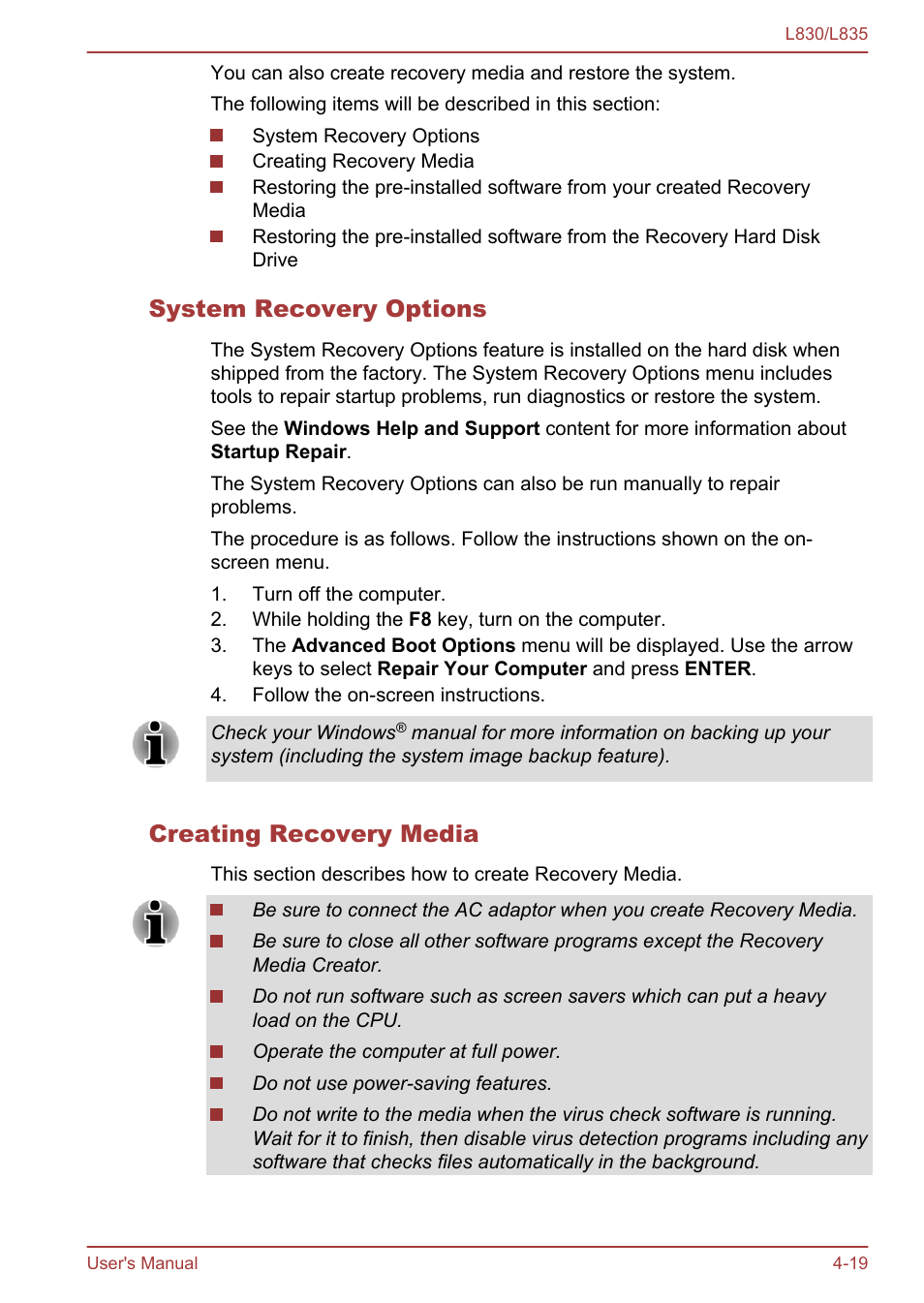 System recovery options, Creating recovery media | Toshiba Satellite L830 User Manual | Page 102 / 156