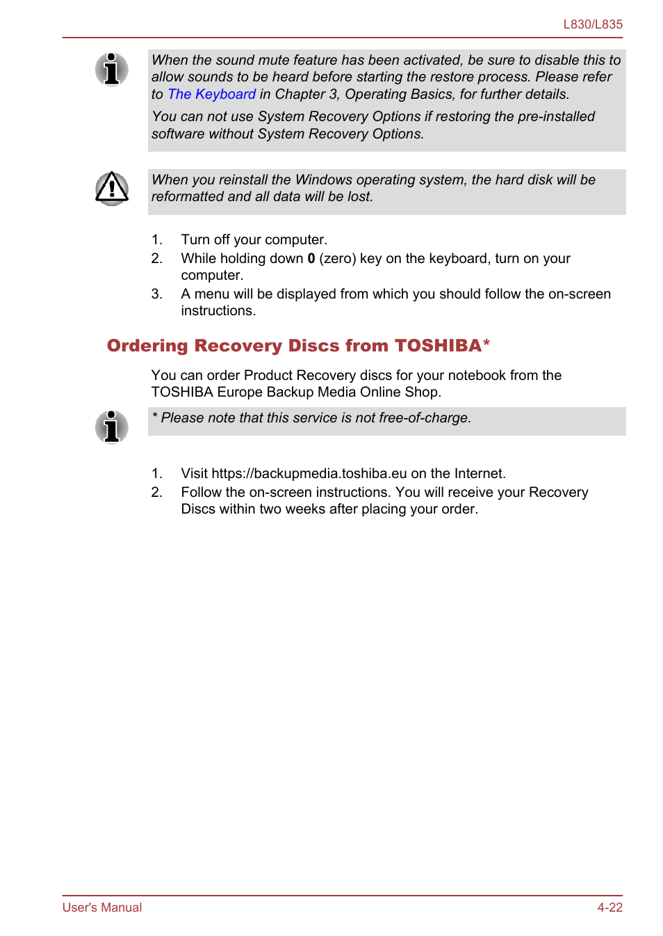 Ordering recovery discs from toshiba | Toshiba Satellite L830 User Manual | Page 105 / 156