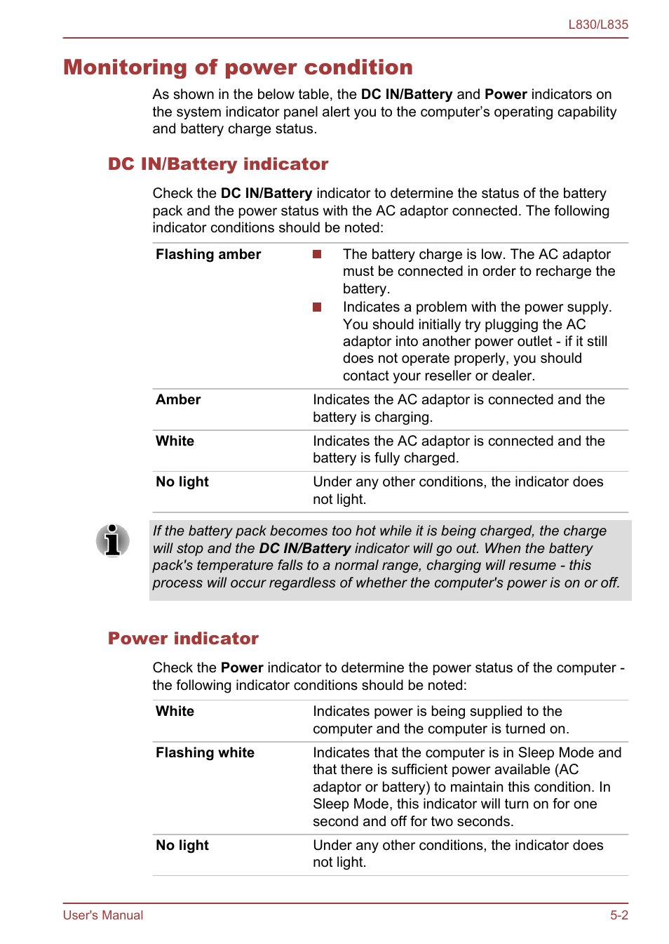 Monitoring of power condition, Dc in/battery indicator, Power indicator | Monitoring of power condition -2 | Toshiba Satellite L830 User Manual | Page 107 / 156