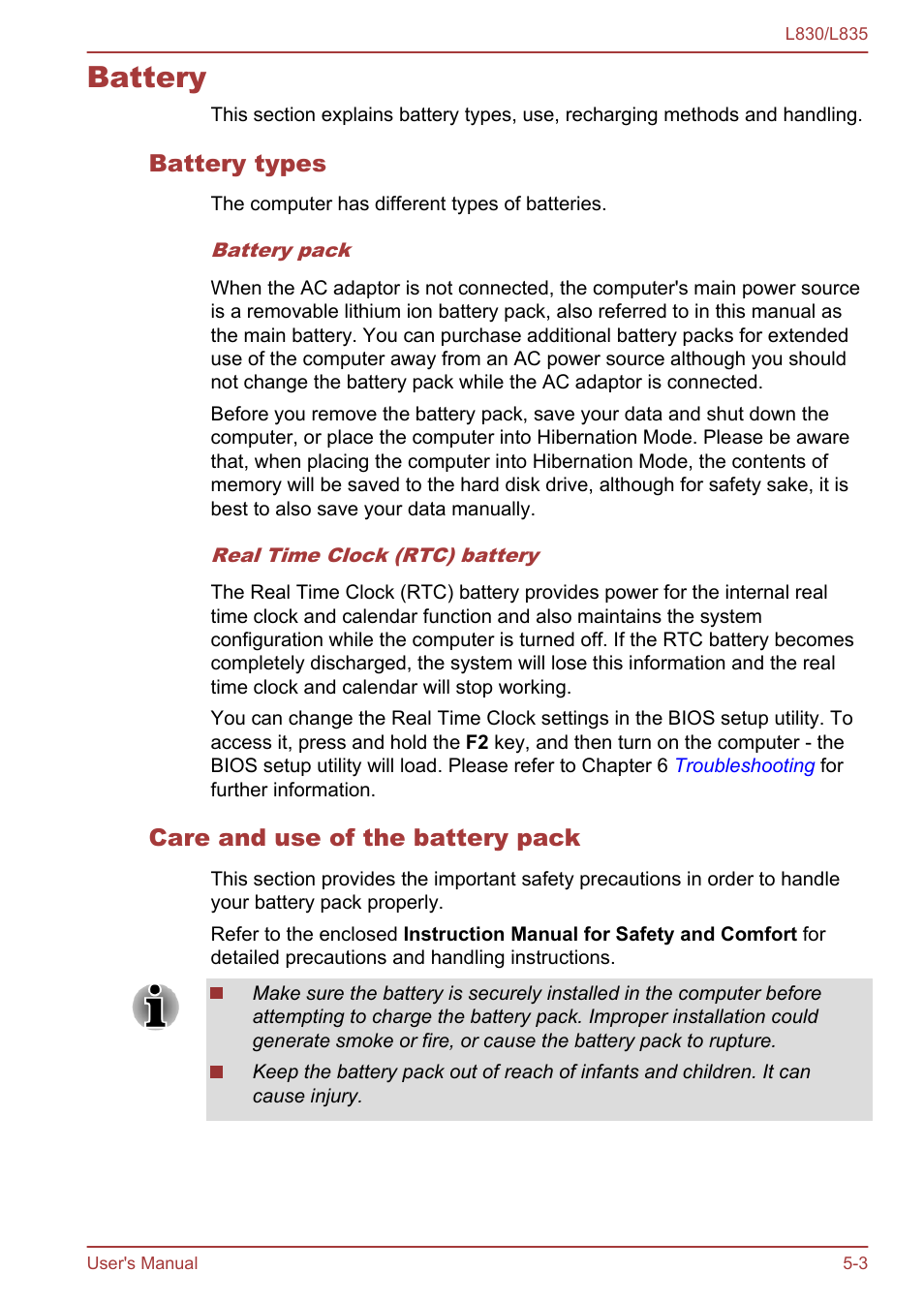 Battery, Battery types, Care and use of the battery pack | Battery -3 | Toshiba Satellite L830 User Manual | Page 108 / 156