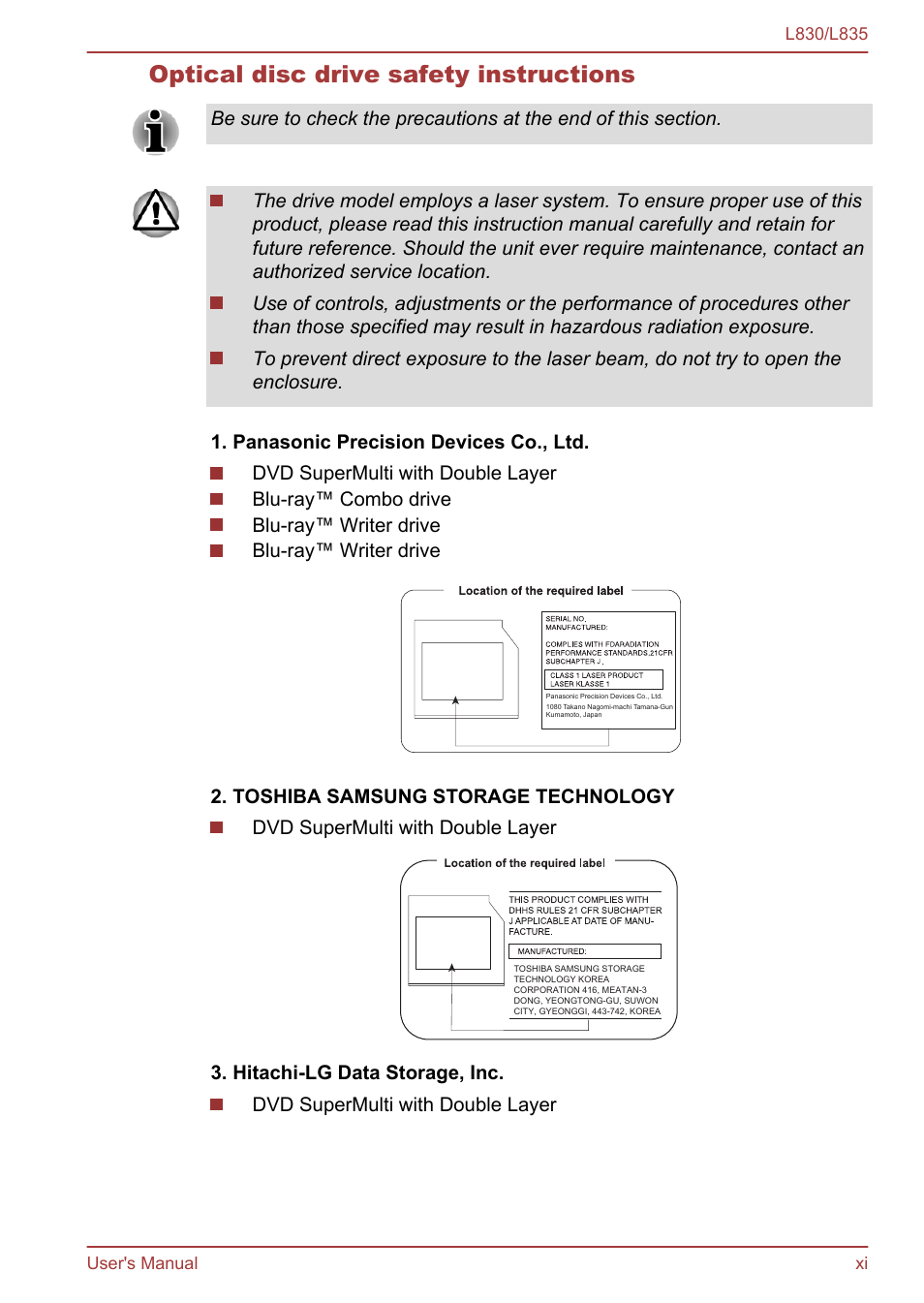 Optical disc drive safety instructions | Toshiba Satellite L830 User Manual | Page 11 / 156