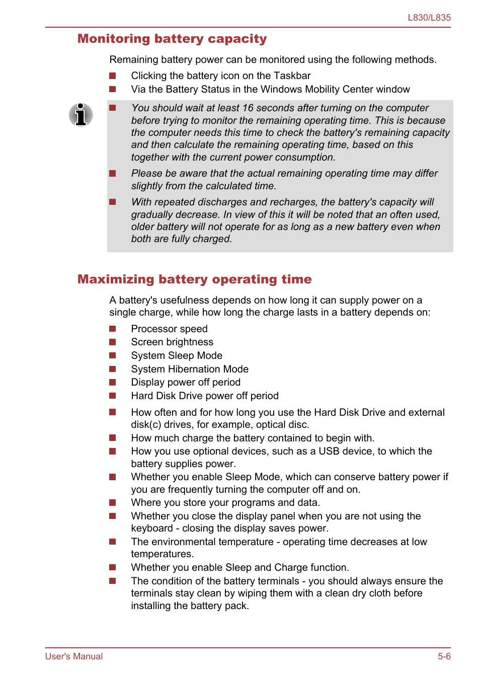 Monitoring battery capacity, Maximizing battery operating time | Toshiba Satellite L830 User Manual | Page 111 / 156