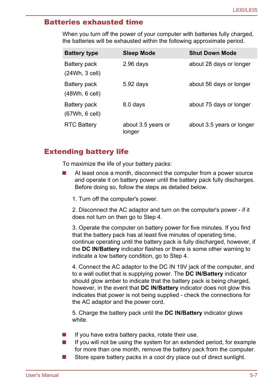 Batteries exhausted time, Extending battery life | Toshiba Satellite L830 User Manual | Page 112 / 156