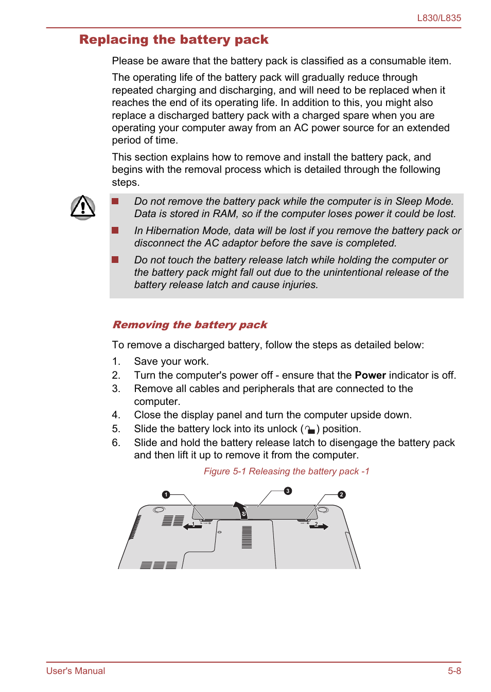 Replacing the battery pack, Section in | Toshiba Satellite L830 User Manual | Page 113 / 156