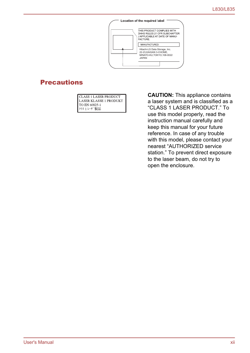 Precautions | Toshiba Satellite L830 User Manual | Page 12 / 156