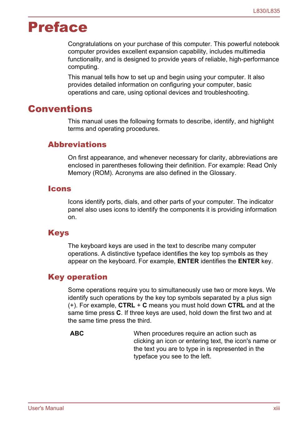 Preface, Conventions, Abbreviations | Icons, Keys, Key operation | Toshiba Satellite L830 User Manual | Page 13 / 156