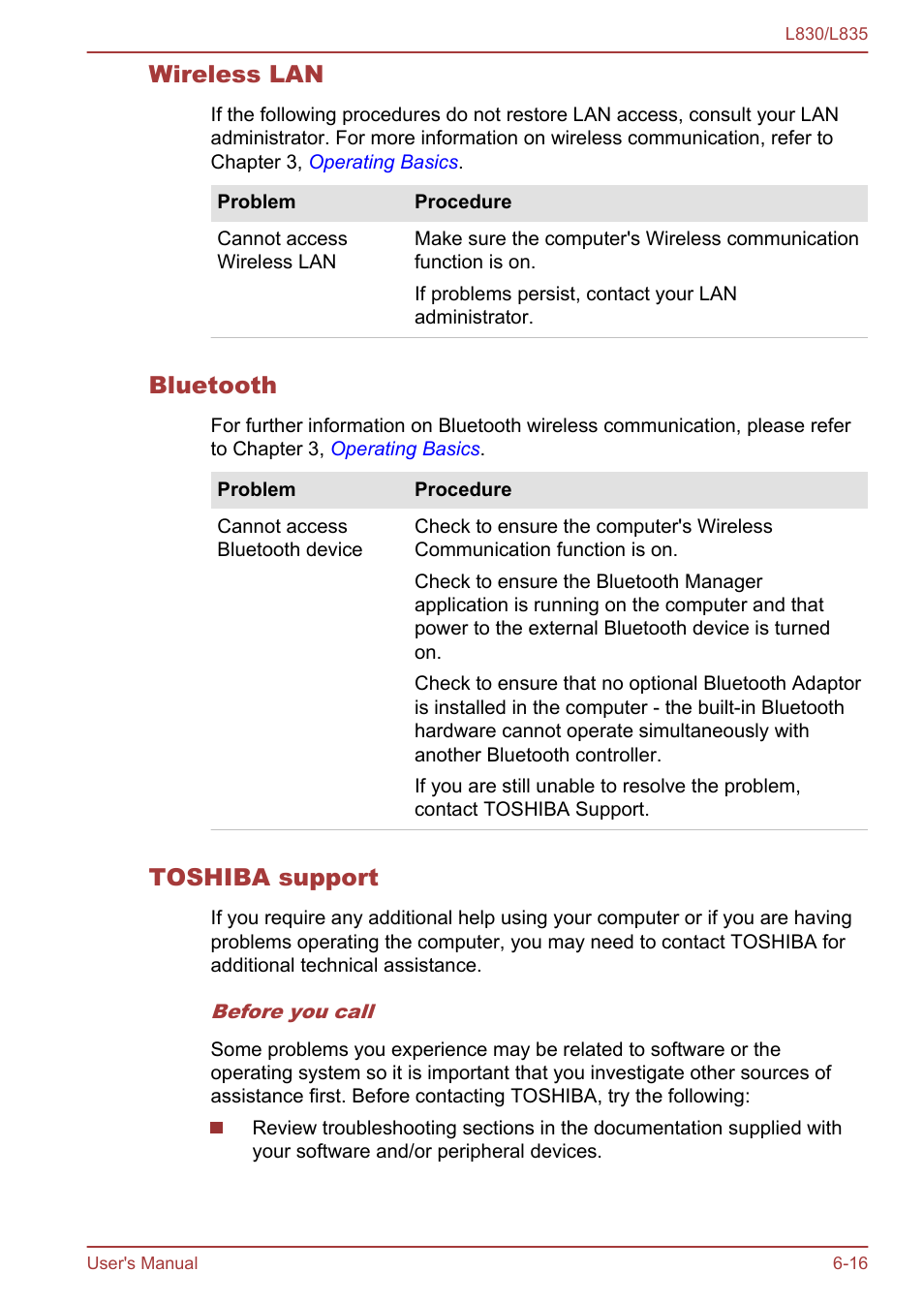 Wireless lan, Bluetooth, Toshiba support | Toshiba Satellite L830 User Manual | Page 131 / 156