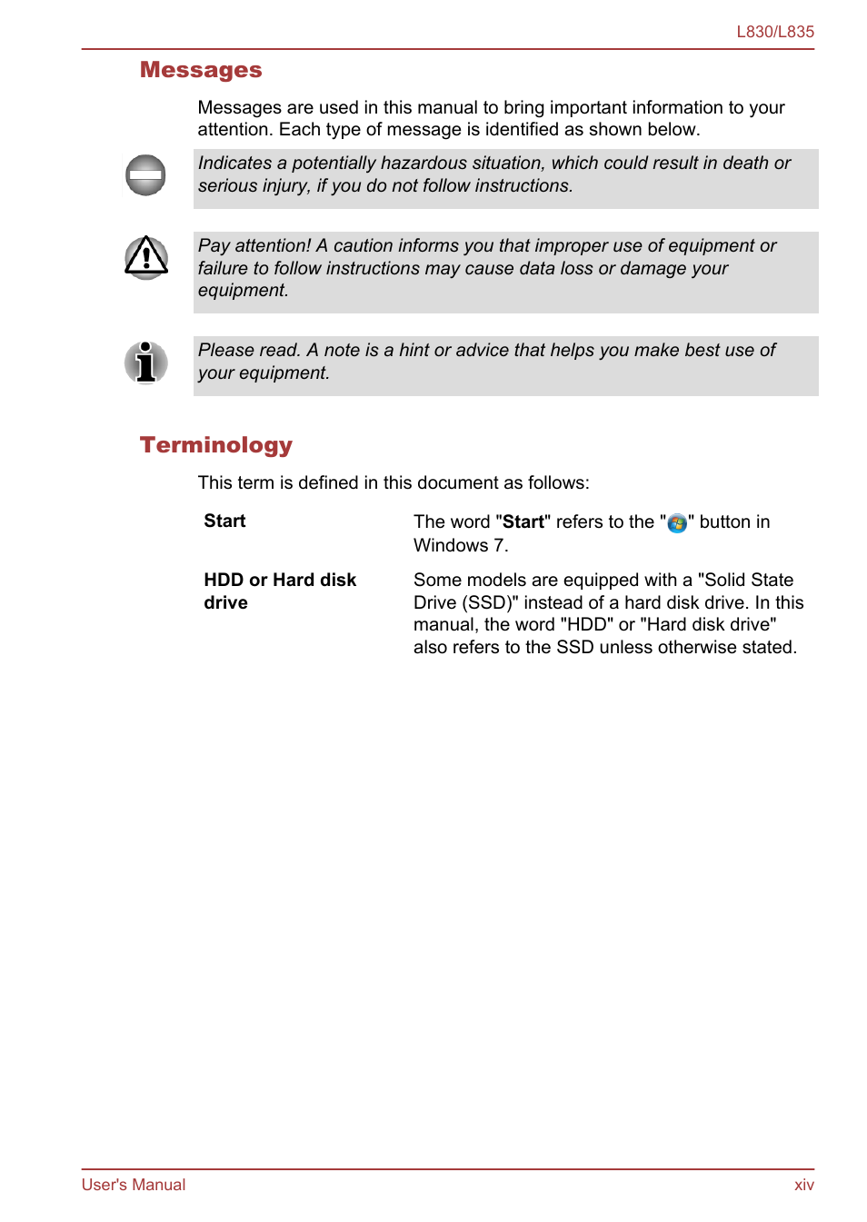 Messages, Terminology | Toshiba Satellite L830 User Manual | Page 14 / 156