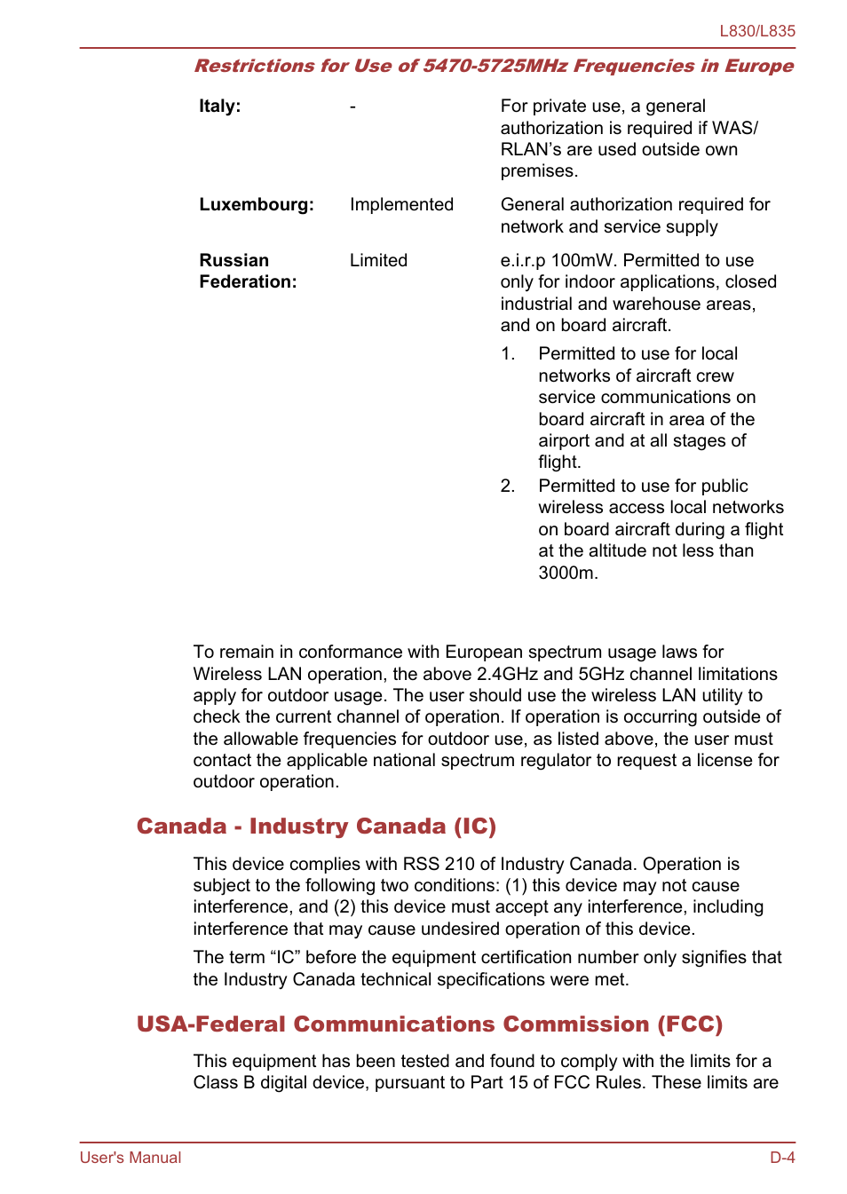 Canada - industry canada (ic), Usa-federal communications commission (fcc) | Toshiba Satellite L830 User Manual | Page 144 / 156