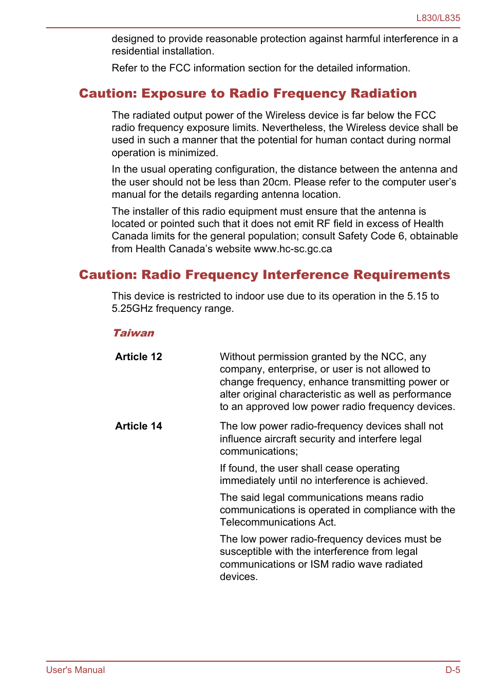 Caution: exposure to radio frequency radiation, Caution: radio frequency interference requirements | Toshiba Satellite L830 User Manual | Page 145 / 156