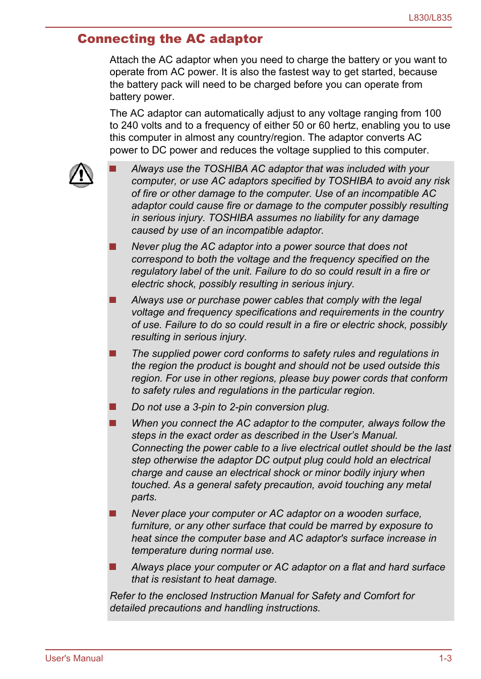 Connecting the ac adaptor | Toshiba Satellite L830 User Manual | Page 19 / 156