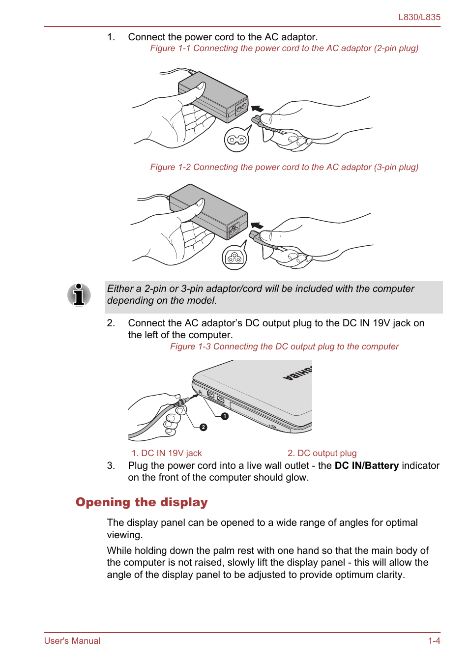 Opening the display | Toshiba Satellite L830 User Manual | Page 20 / 156