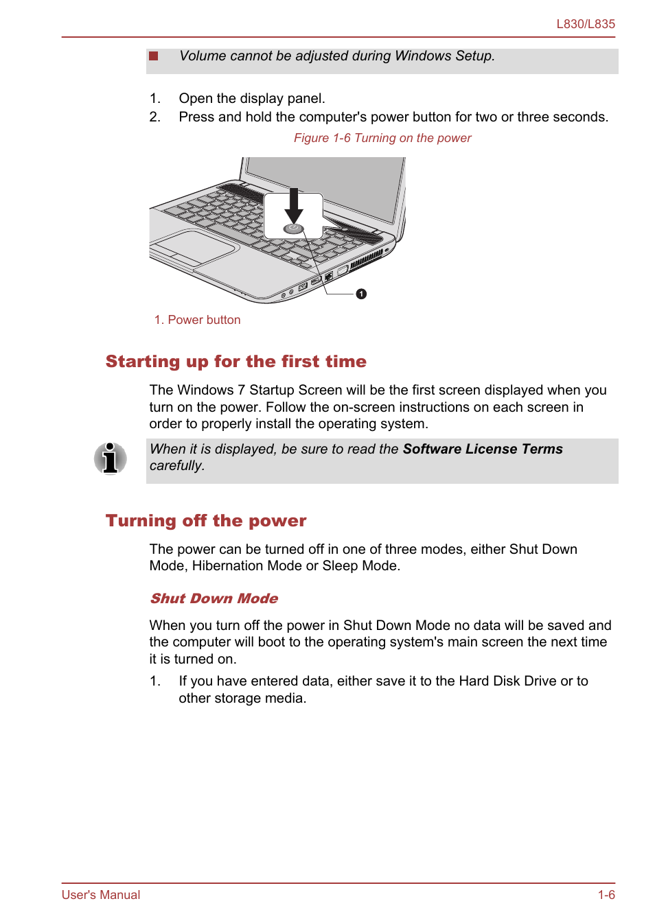 Starting up for the first time, Turning off the power | Toshiba Satellite L830 User Manual | Page 22 / 156