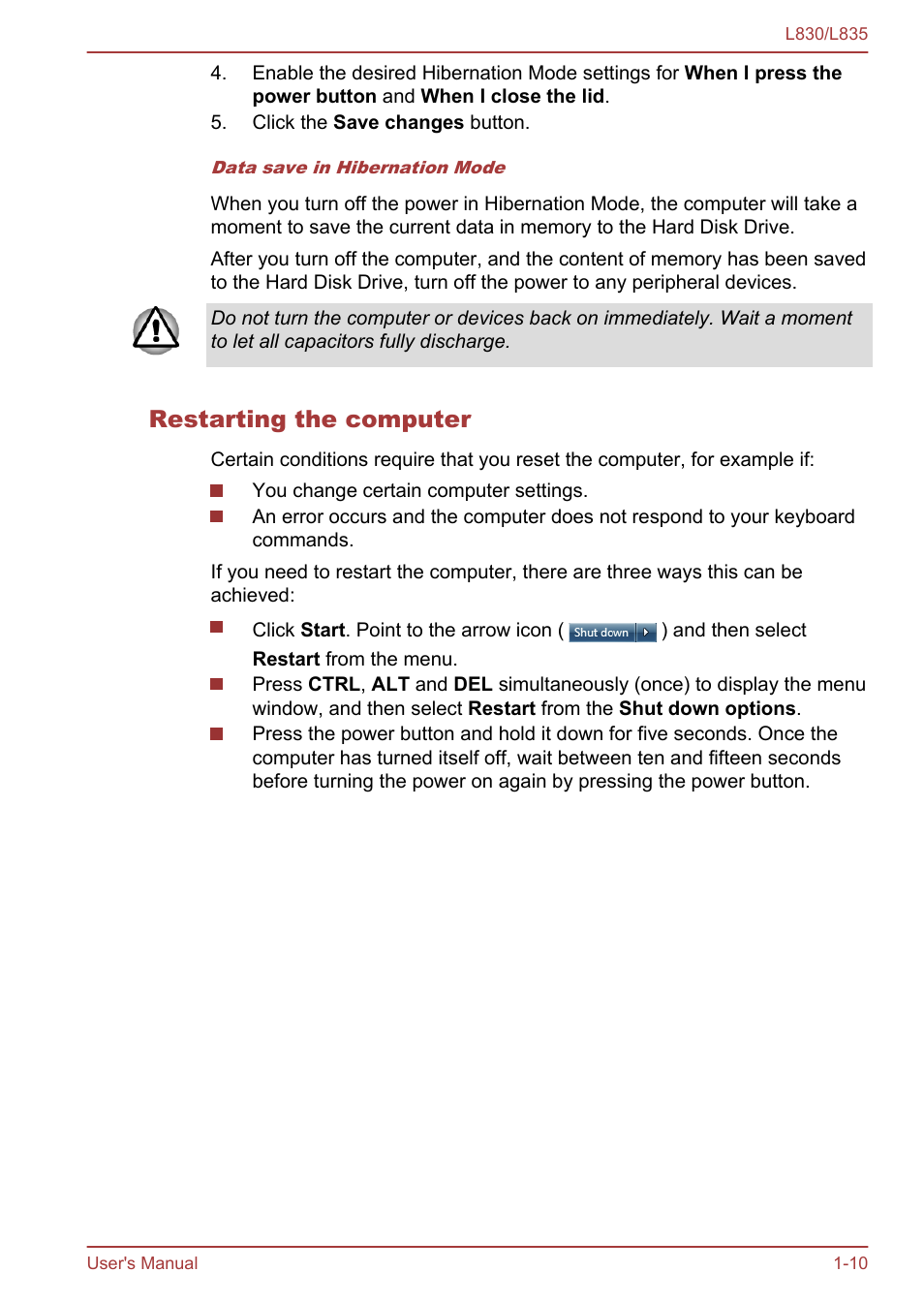 Restarting the computer | Toshiba Satellite L830 User Manual | Page 26 / 156