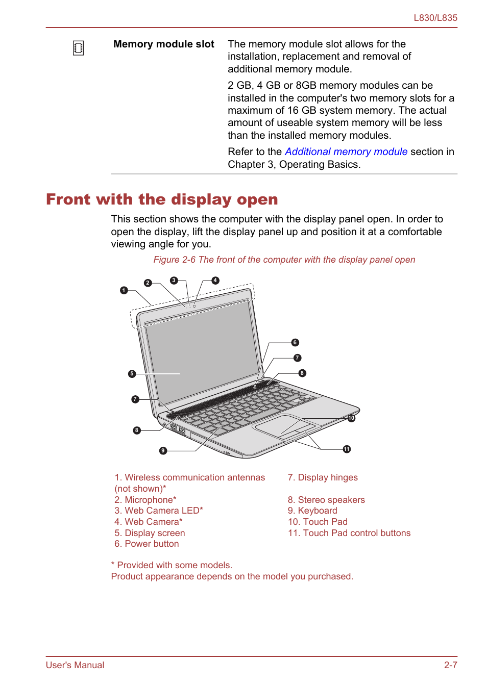Front with the display open, Front with the display open -7 | Toshiba Satellite L830 User Manual | Page 33 / 156