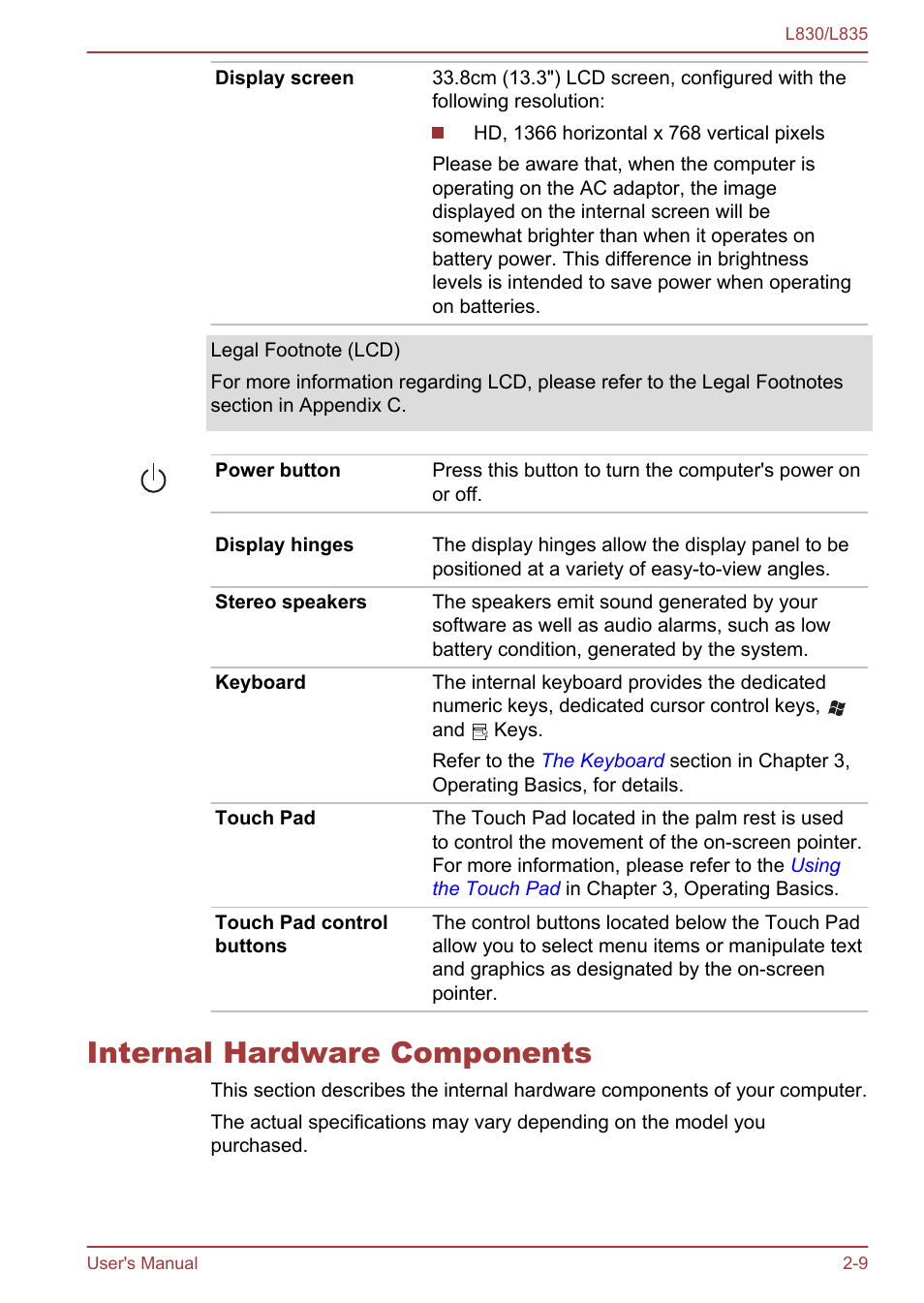 Internal hardware components, Internal hardware components -9 | Toshiba Satellite L830 User Manual | Page 35 / 156