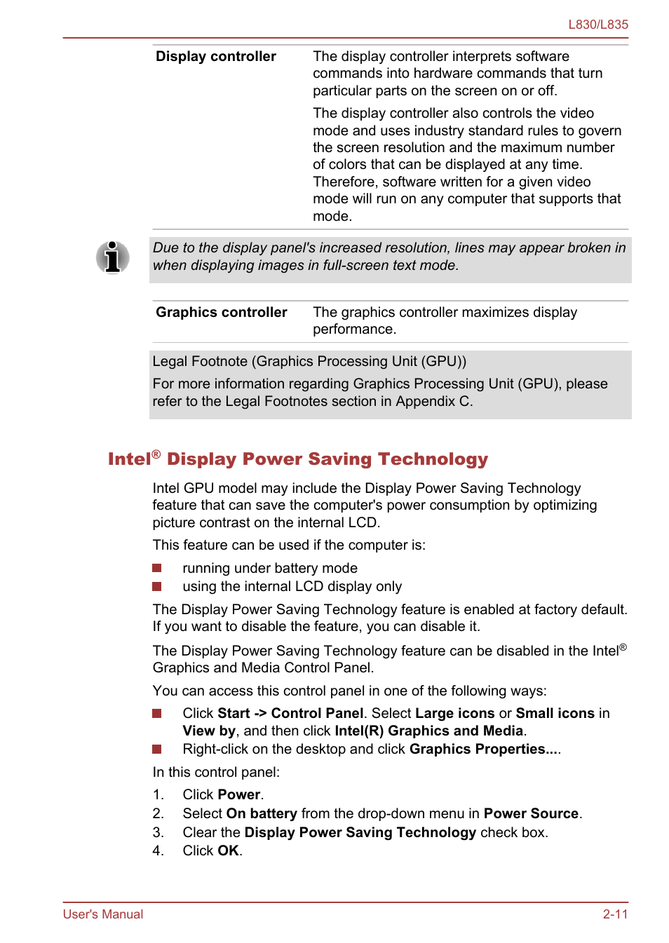 Intel® display power saving technology, Intel, Display power saving technology | Toshiba Satellite L830 User Manual | Page 37 / 156