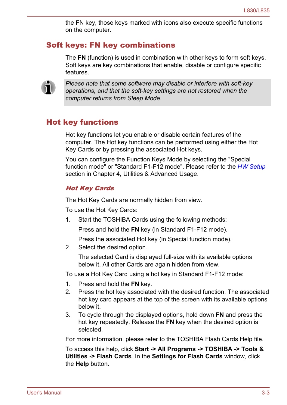 Soft keys: fn key combinations, Hot key functions | Toshiba Satellite L830 User Manual | Page 41 / 156