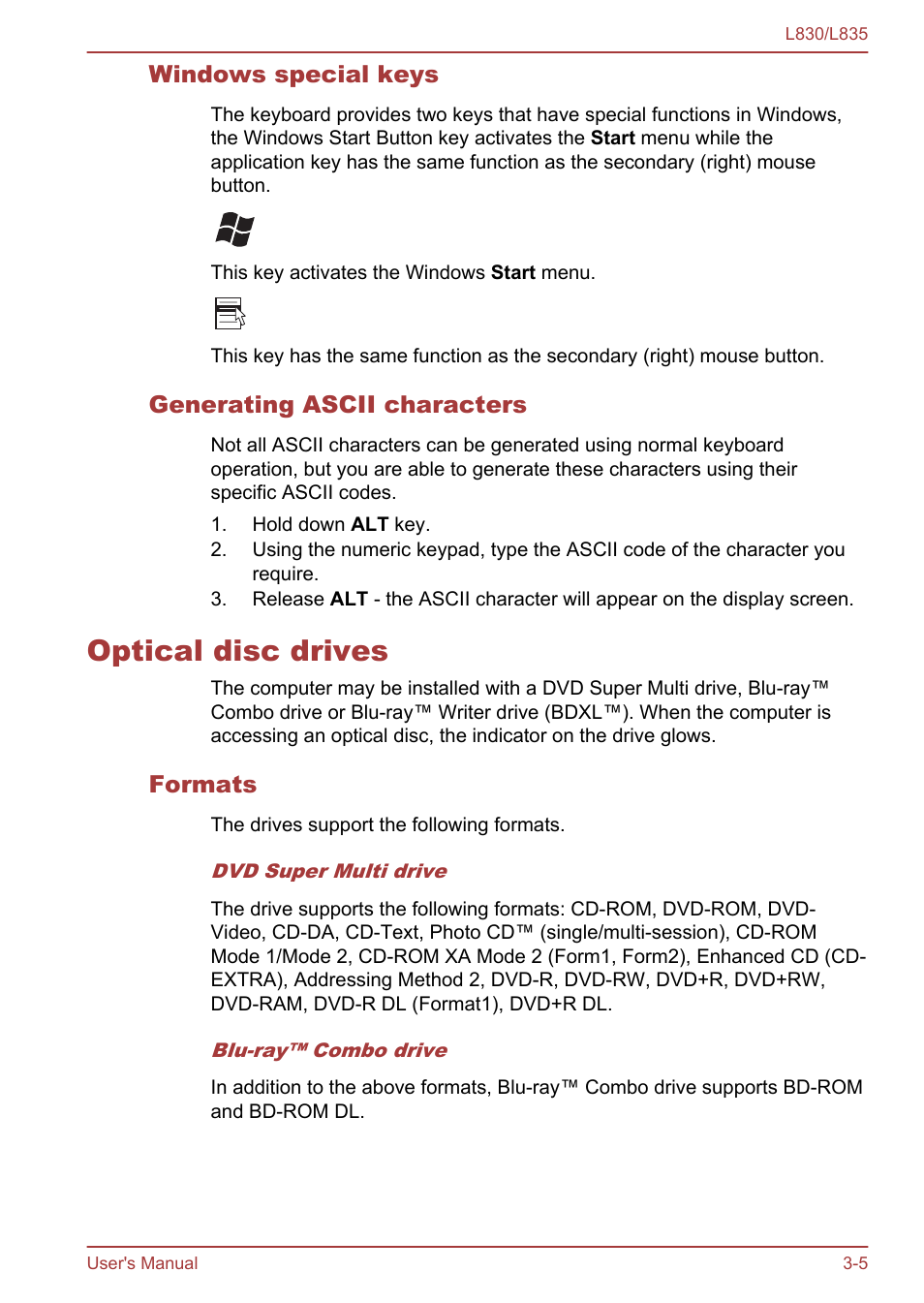 Windows special keys, Generating ascii characters, Optical disc drives | Formats, Optical disc drives -5 | Toshiba Satellite L830 User Manual | Page 43 / 156